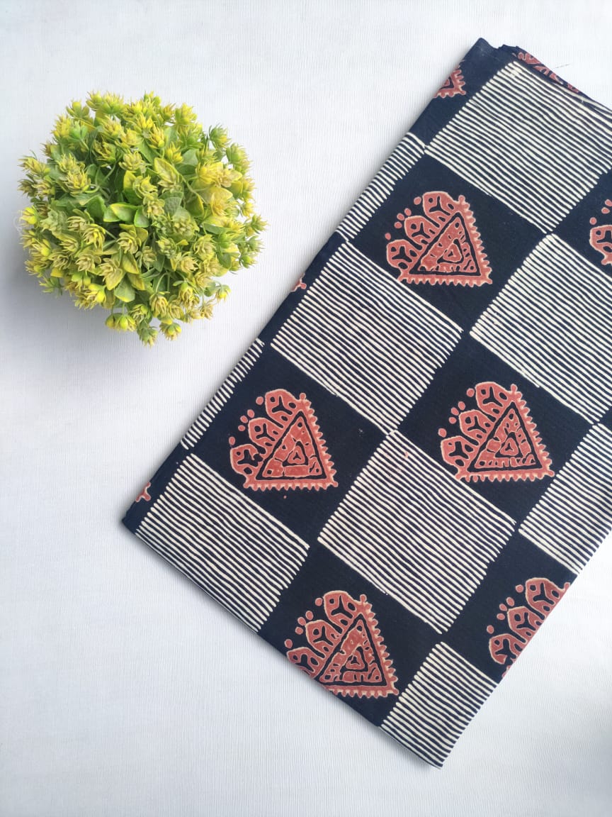 Black and White Geometric Jaipuri Block Print Pure Cotton Fabric From Tulsi Prints