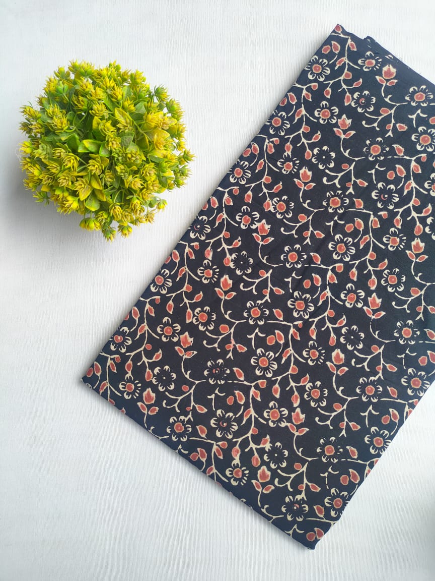 Black Floral Sanganeri Block Print Pure Cotton Fabric From Tulsi Prints
