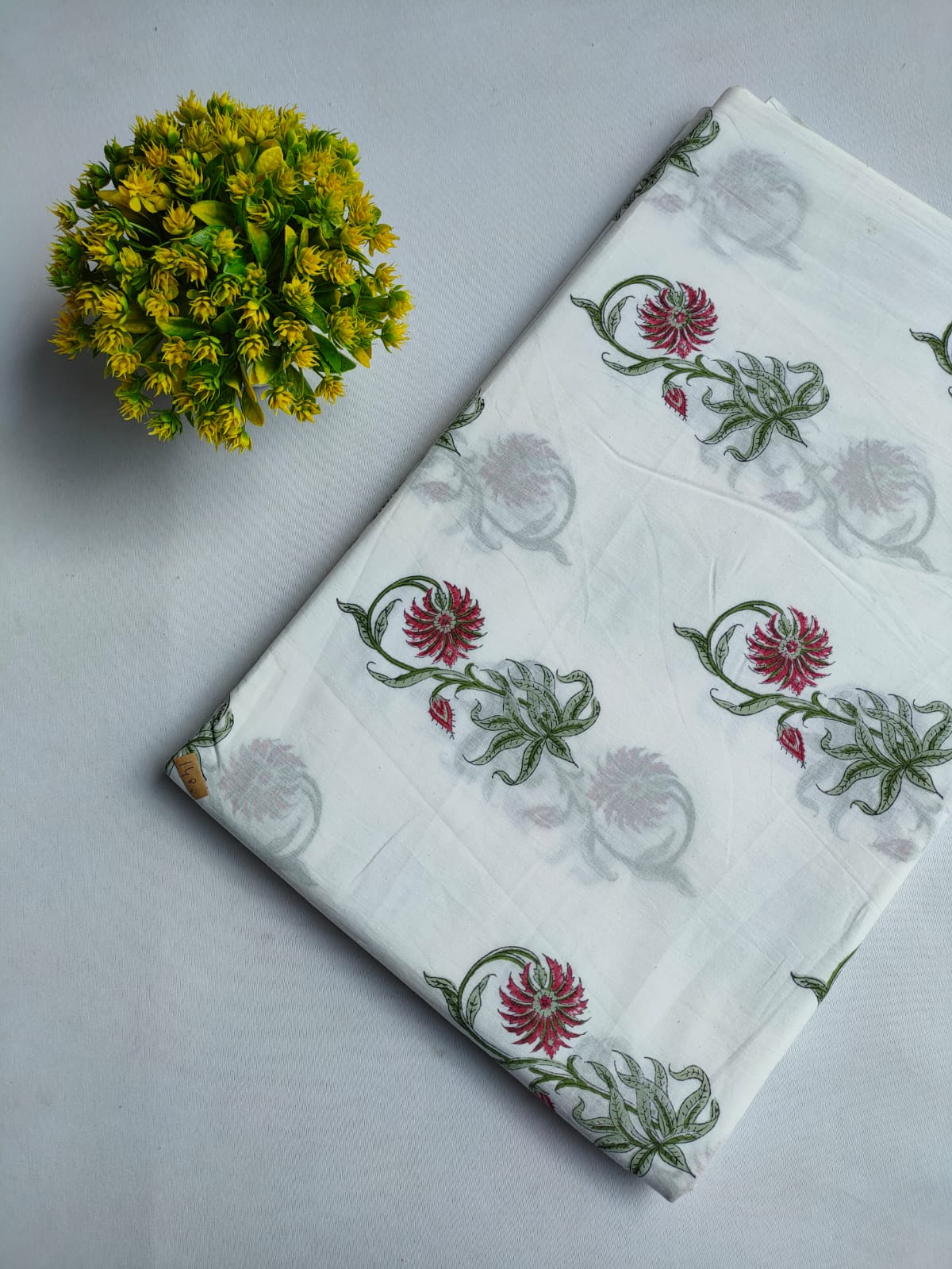 White Floral Vine Sanganeri Print Pure Cotton Fabric From Tulsi Prints