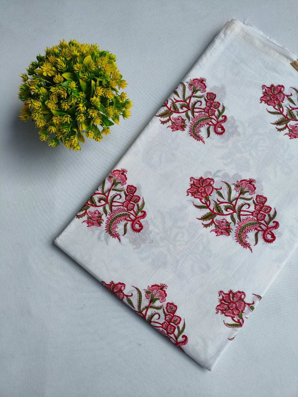 White Floral Boota Sanganeri Hand Block Print Pure Cotton Fabric From Tulsi Prints
