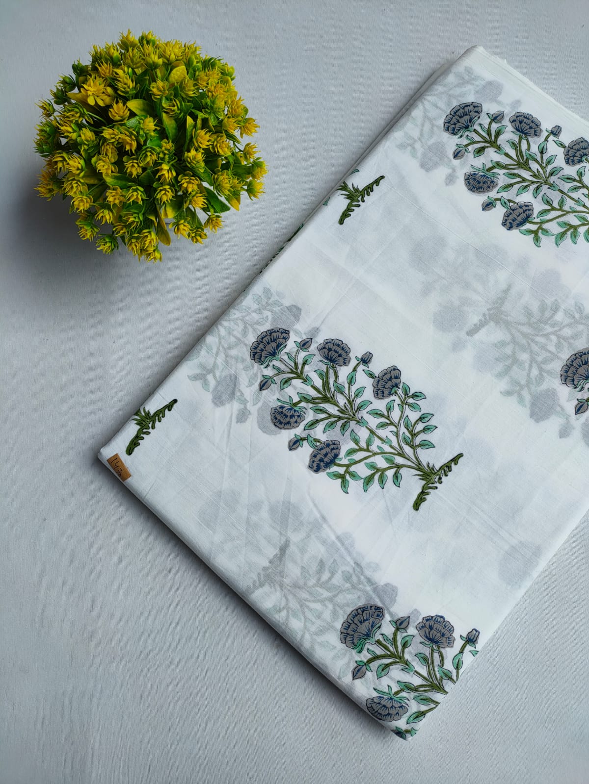 White Floral Vine Sanganeri Block Print Pure Cotton Fabric From Tulsi Prints