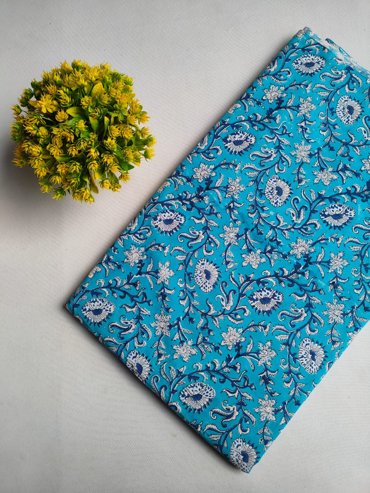 Turquoise Floral Vine Sanganeri Hand Block Print Pure Cotton Fabric From Tulsi Prints