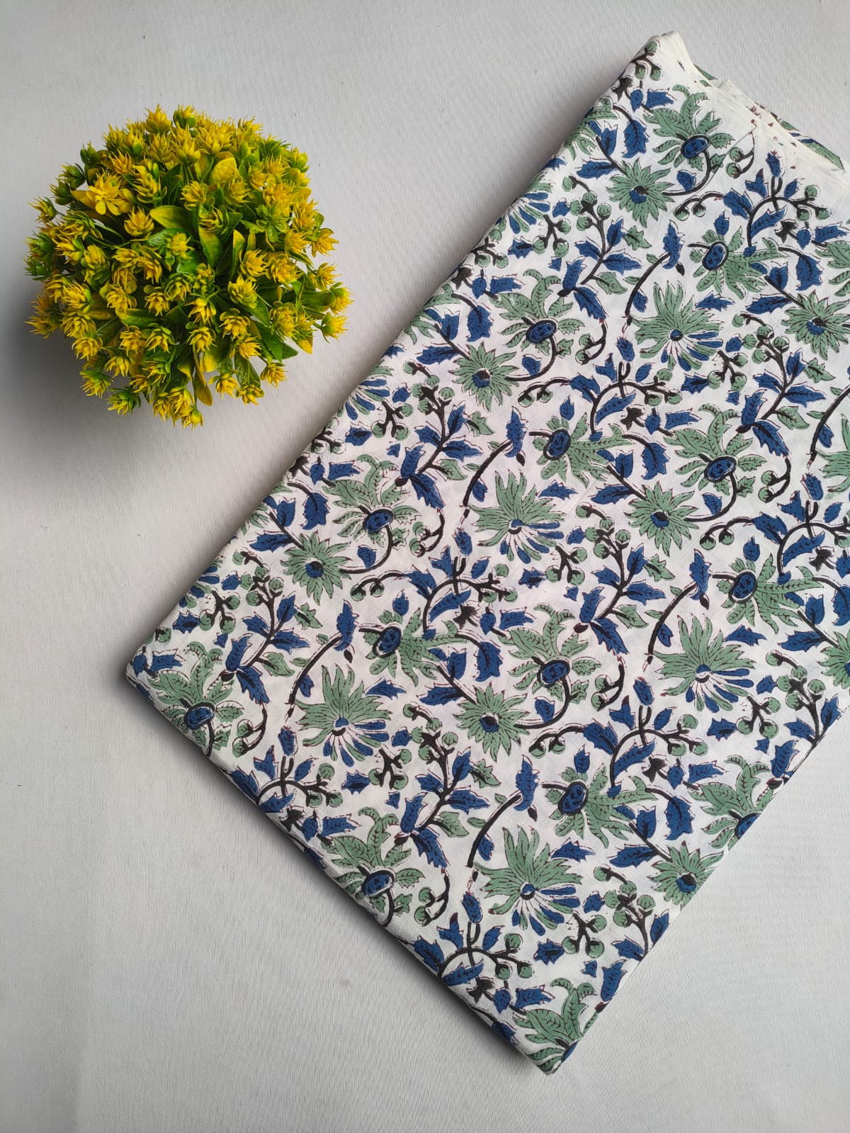 White And Blue Floral Vine Sanganeri Print Pure Cotton Fabric From Tulsi Prints