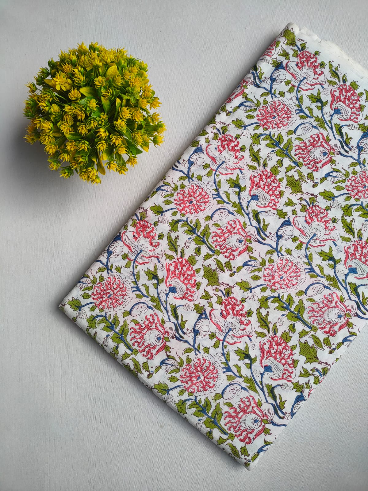 White Pink Floral Vine Jaipuri Hand Block Print Pure Cotton Fabric From Tulsi Prints