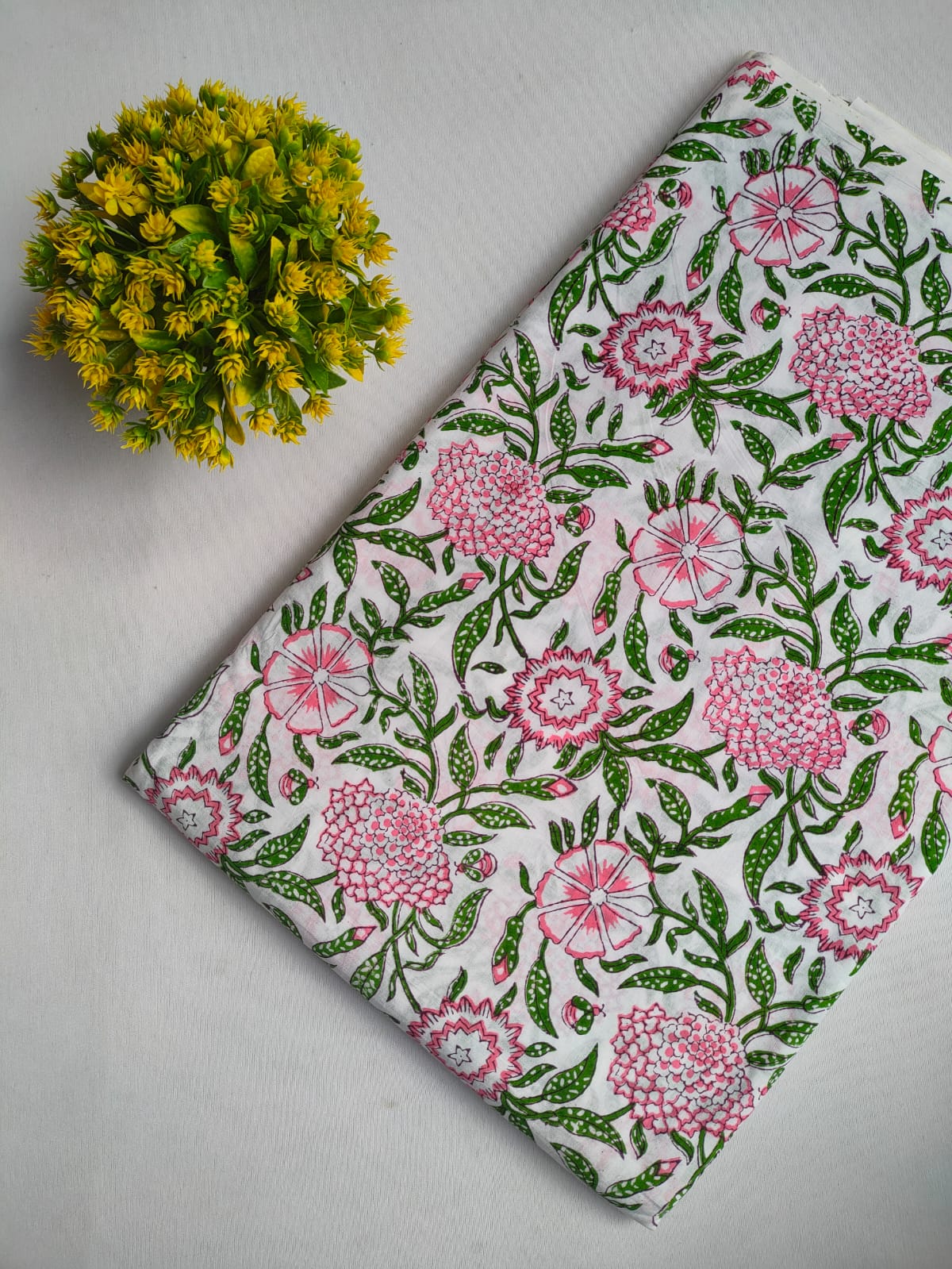 White Pink Floral Sanganeri Print Pure Cotton Fabric From Tulsi Prints