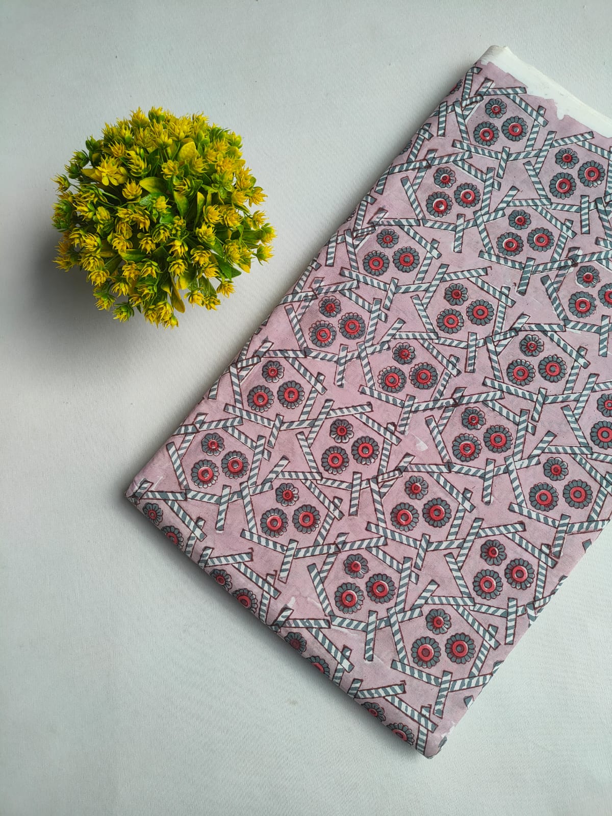 Mauve Geometric Floral Jaipuri Block Print Pure Cotton Fabric From Tulsi Prints
