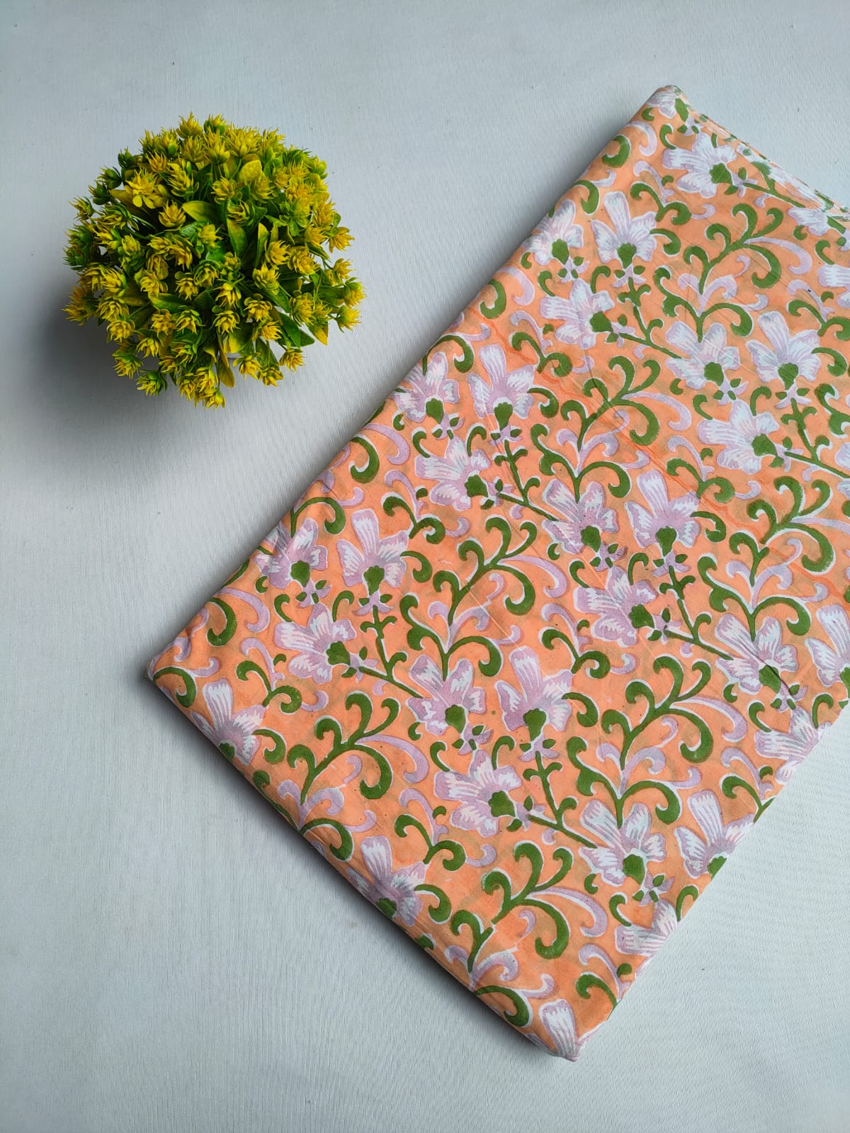 Peach Floral Vine Sanganeri Hand Block Print Pure Cotton Fabric From Tulsi Prints