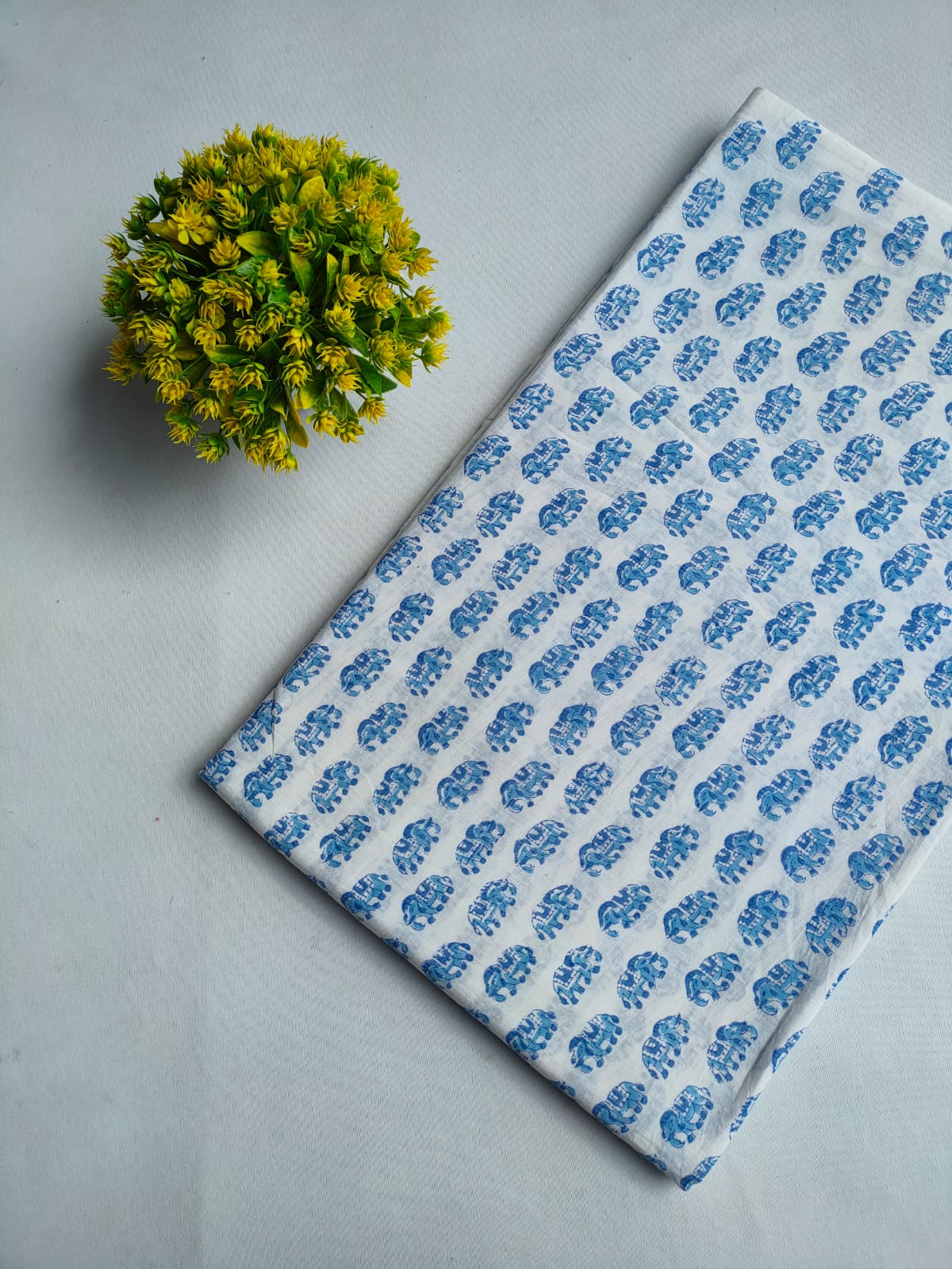 White And Blue Elephant Motif Sanganeri Print Pure Cotton Fabric From Tulsi Prints