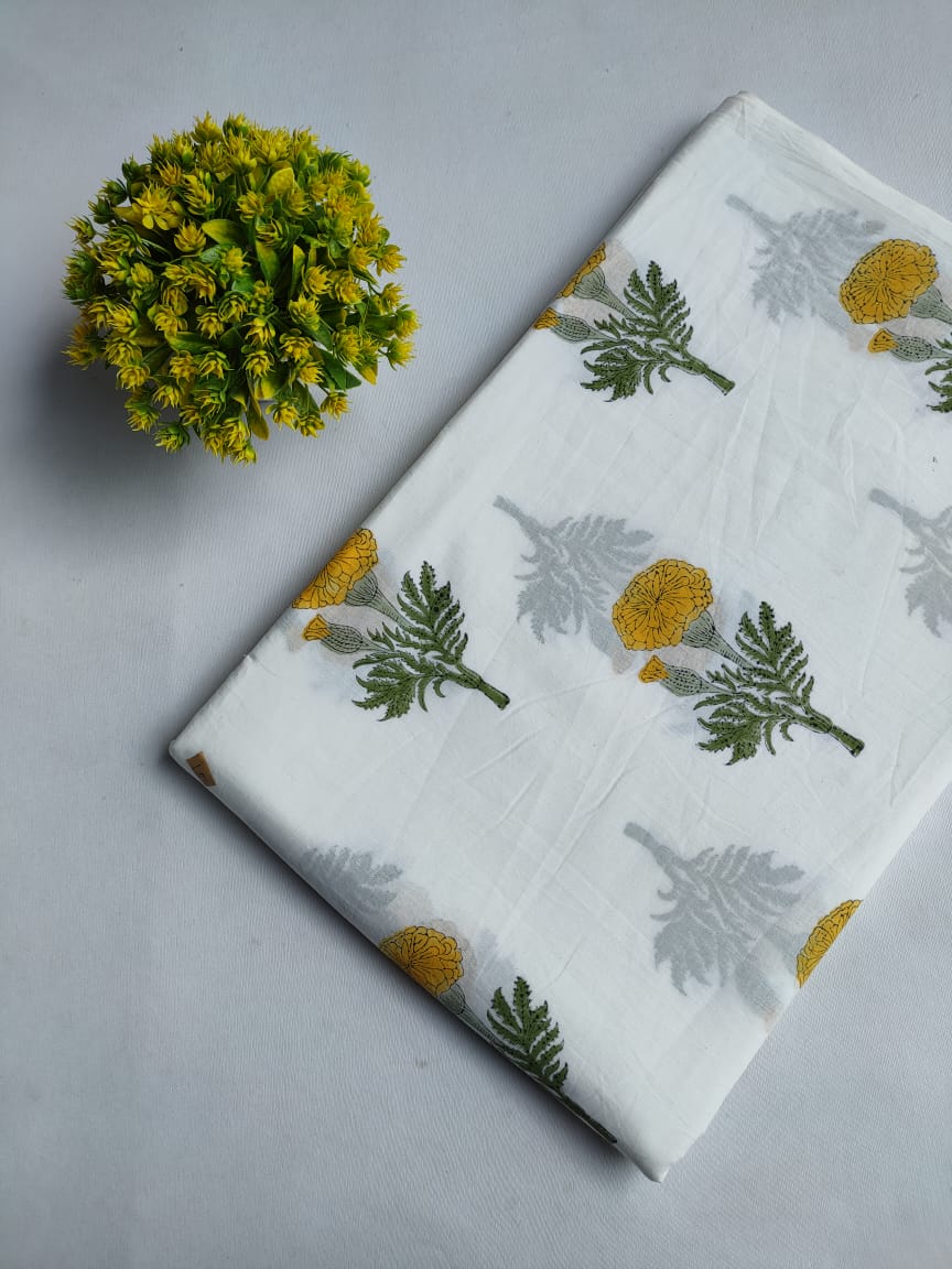 White Floral Boota Jaipuri Block Print Pure Cotton Fabric From Tulsi Prints