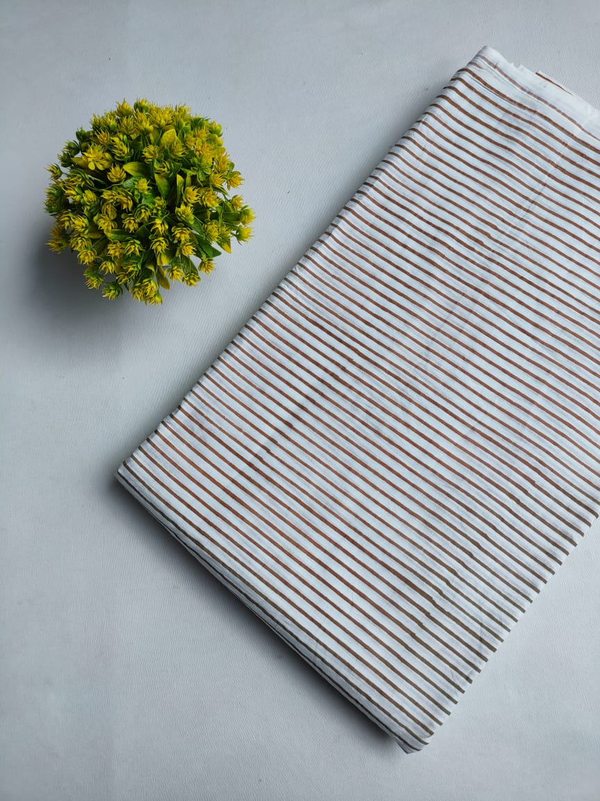 White And Brown Striped Jaipuri Hand Block Print Pure Cotton Fabric From Tulsi Prints