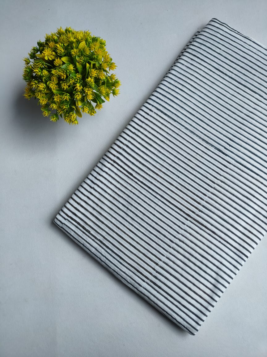 White And Black Striped Sanganeri Hand Block Print Pure Cotton Fabric From Tulsi Prints