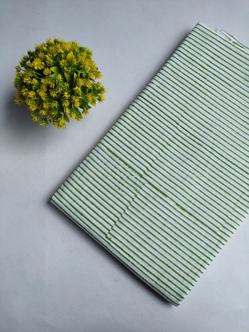 White And Green Striped Jaipuri Hand Block Print Pure Cotton Fabric From Tulsi Prints