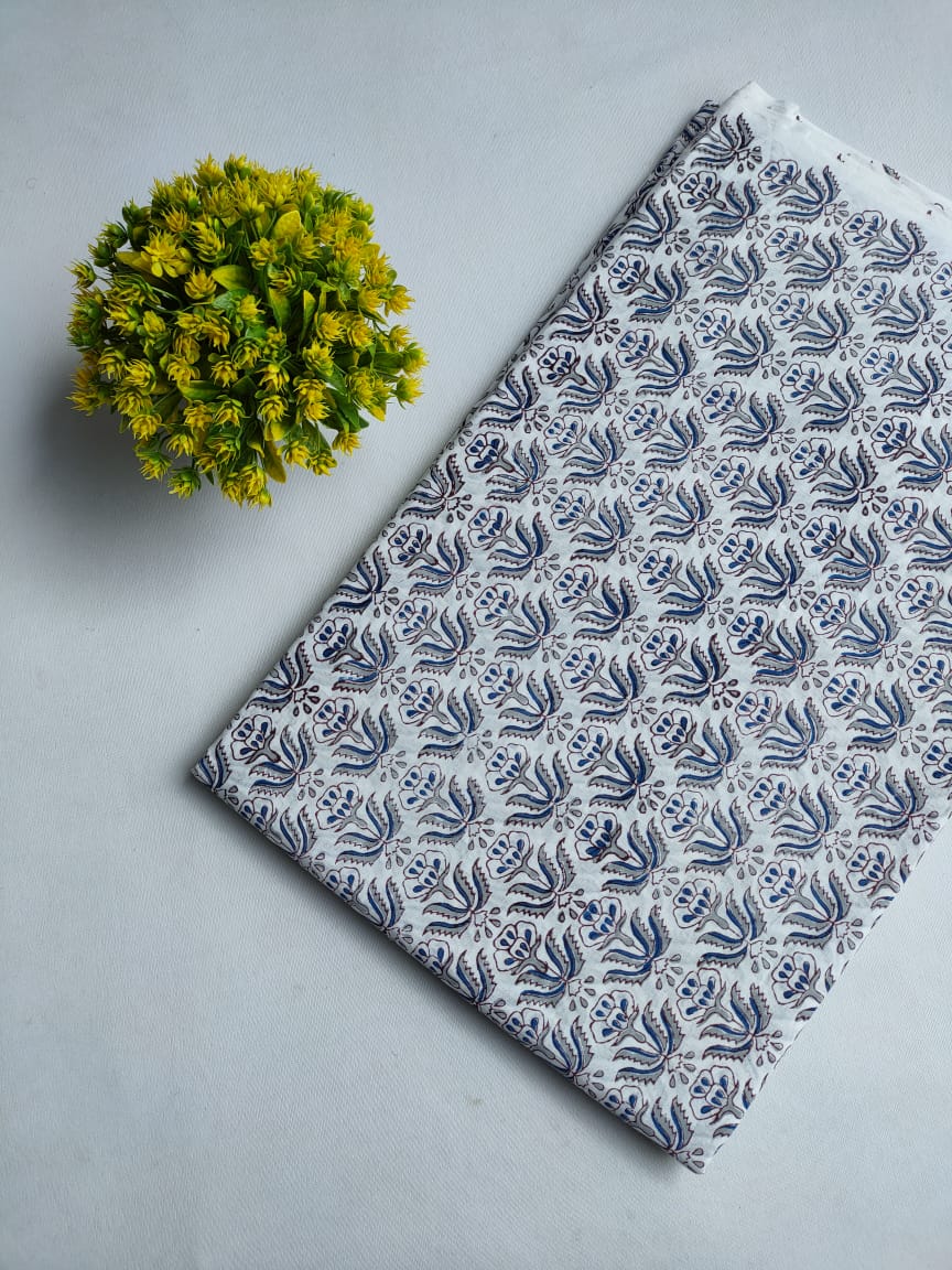 White Blue Floral Boota Jaipuri Hand Block Print Pure Cotton Fabric From Tulsi Prints