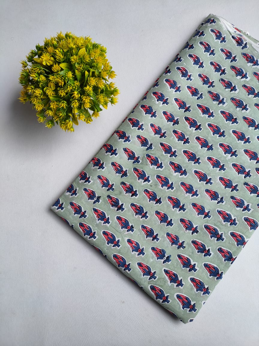 Sage Green Paisley Motif Jaipuri Block Print Pure Cotton Fabric From Tulsi Prints