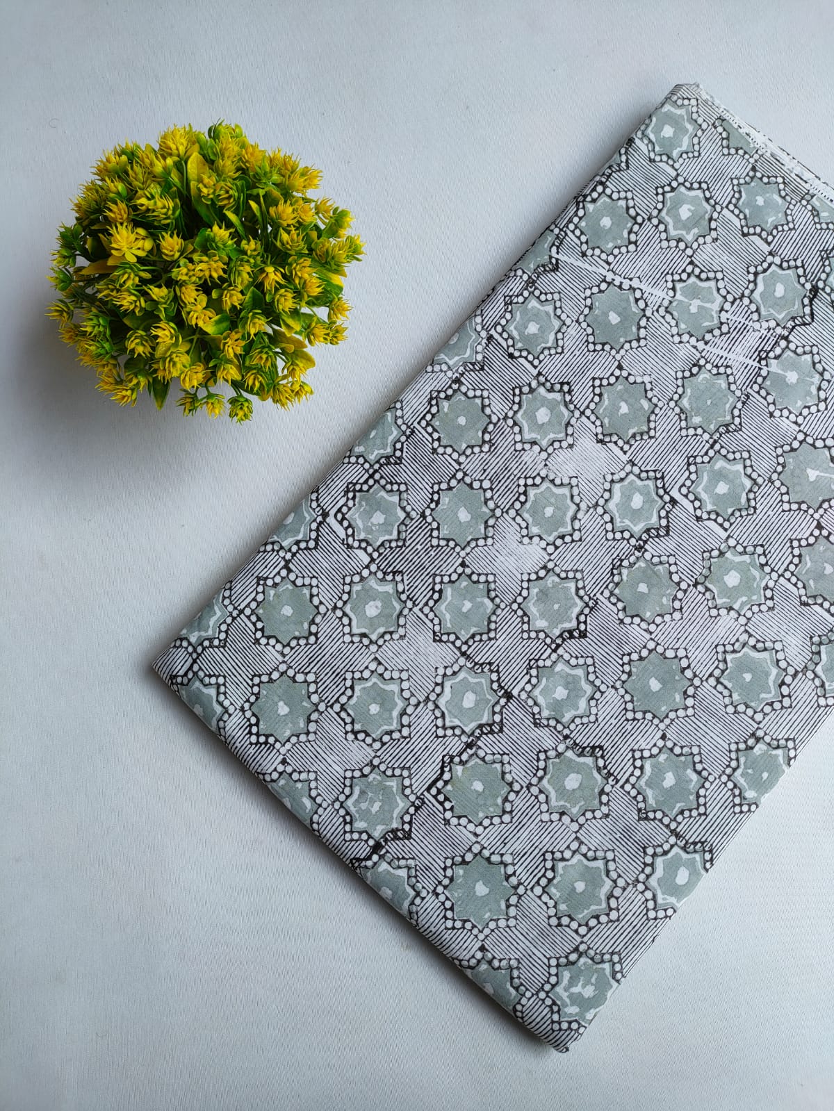 Grey Geometric Block Print Pure Cotton Fabric From Tulsi Prints