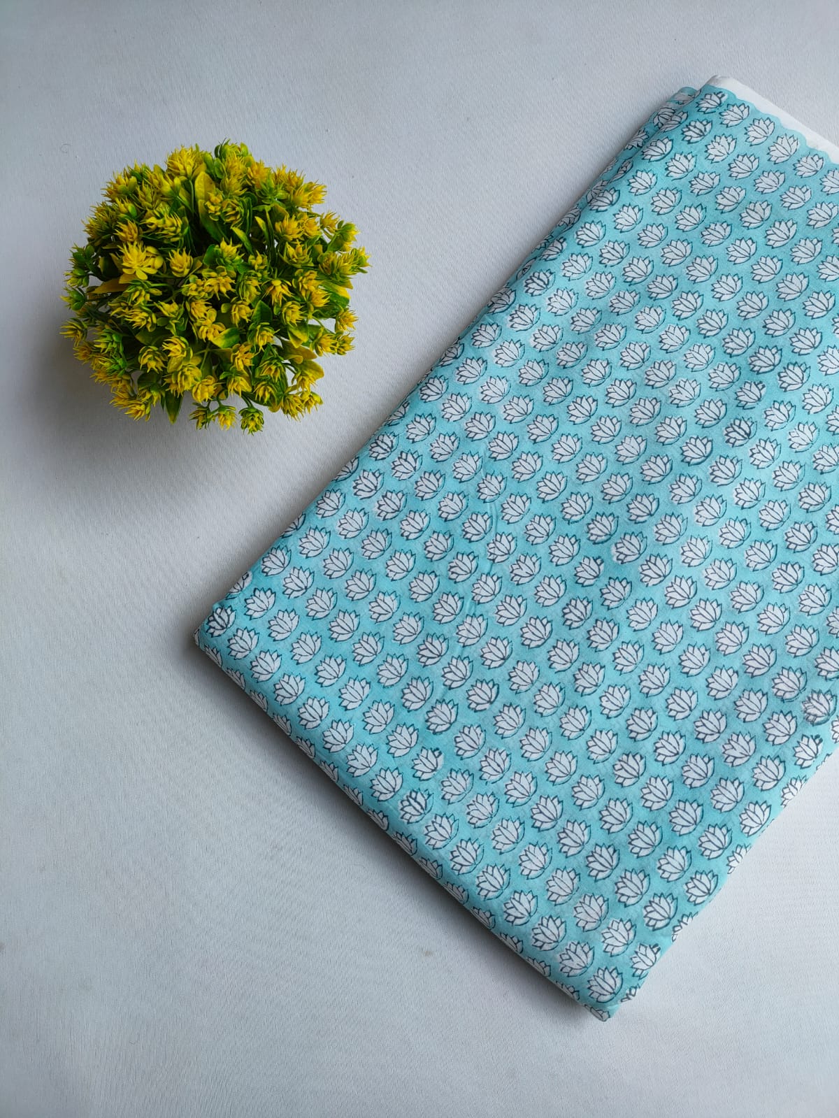 Light Blue Lotus Motif Jaipuri Hand Block Print Pure Cotton Fabric From Tulsi Prints