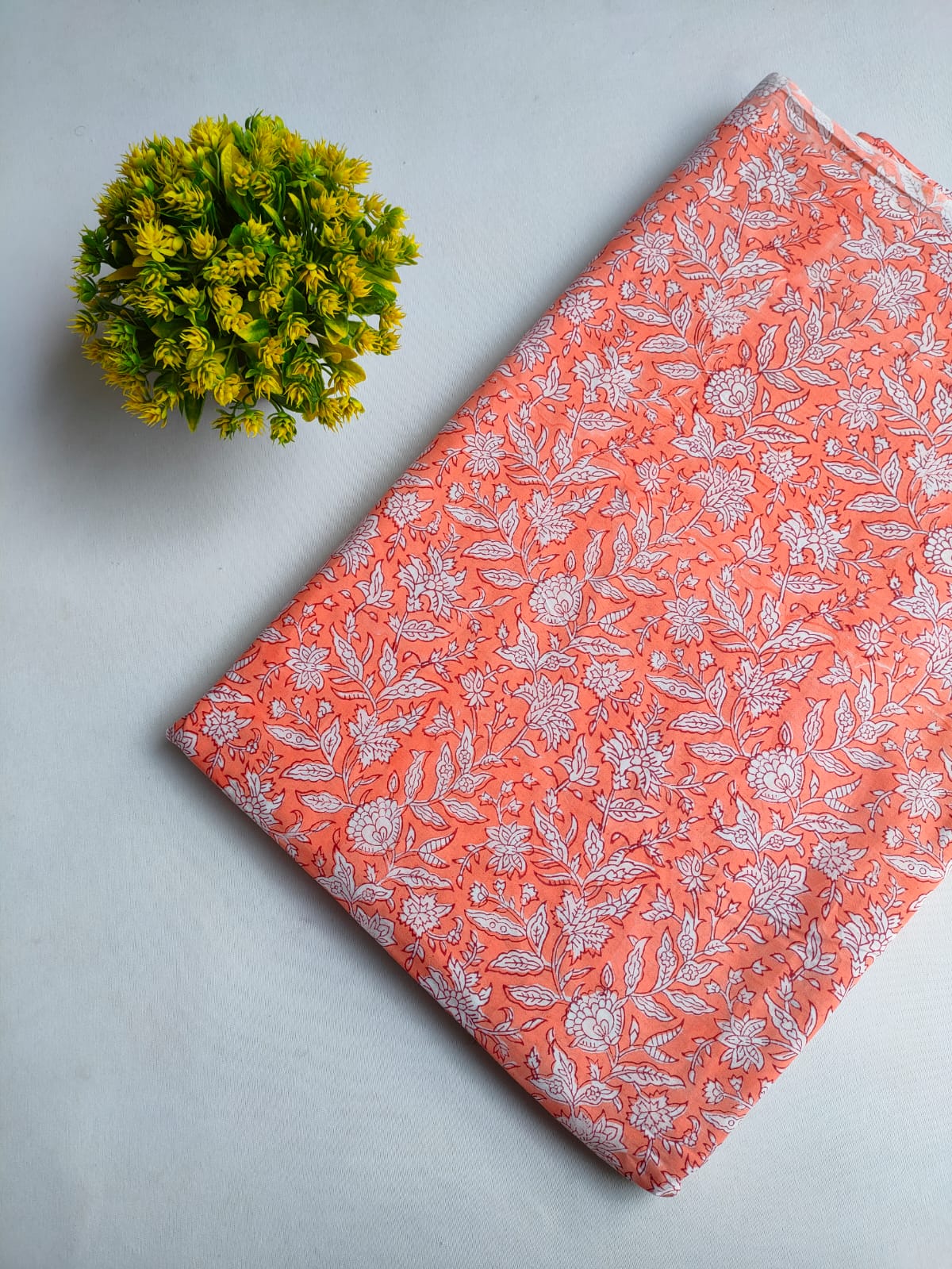 Peach Floral Vine Sanganeri Block Print Pure Cotton Fabric From Tulsi Prints