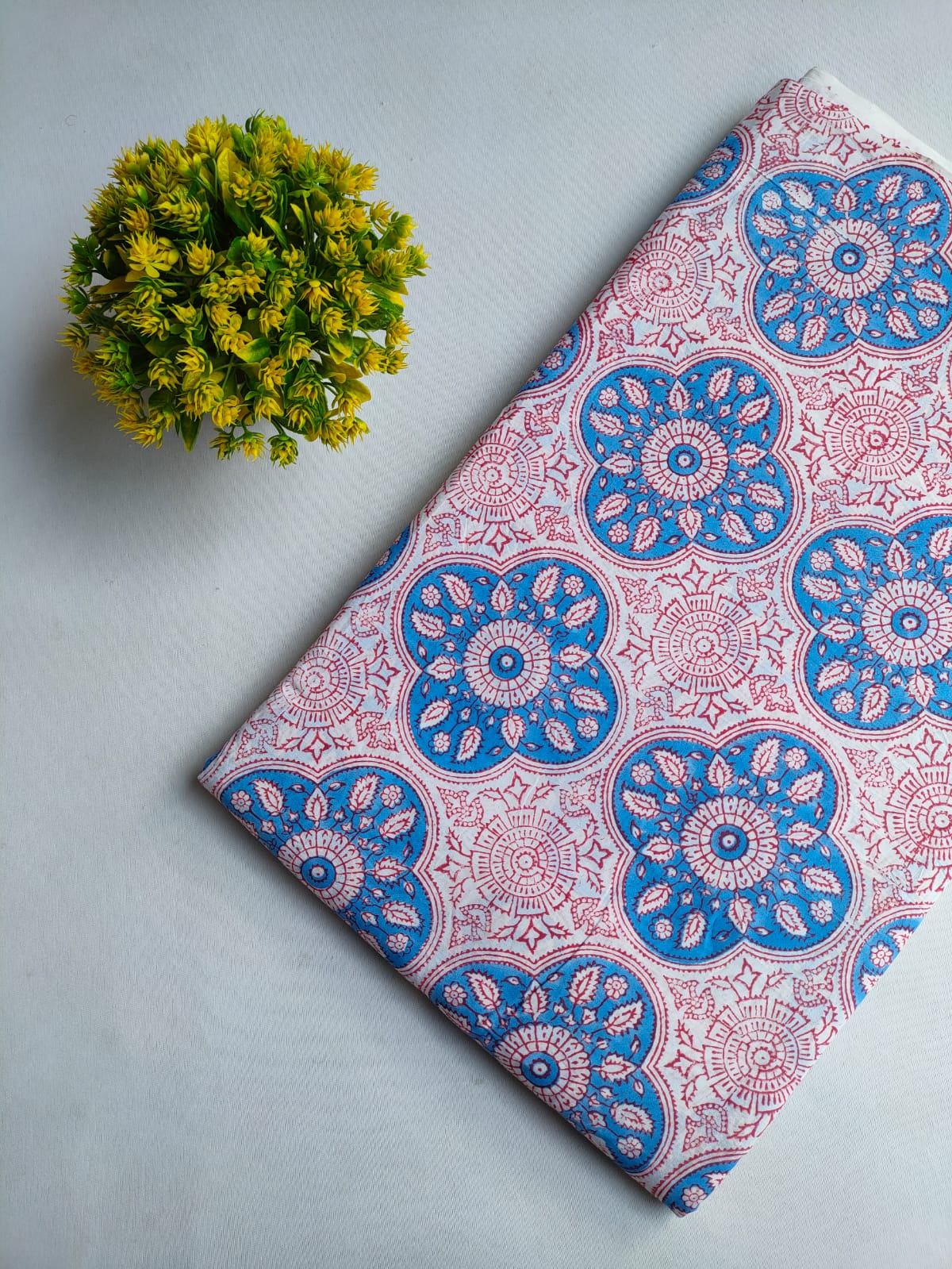 White Blue Mandala Floral Jaipuri Block Print Pure Cotton Fabric From Tulsi Prints