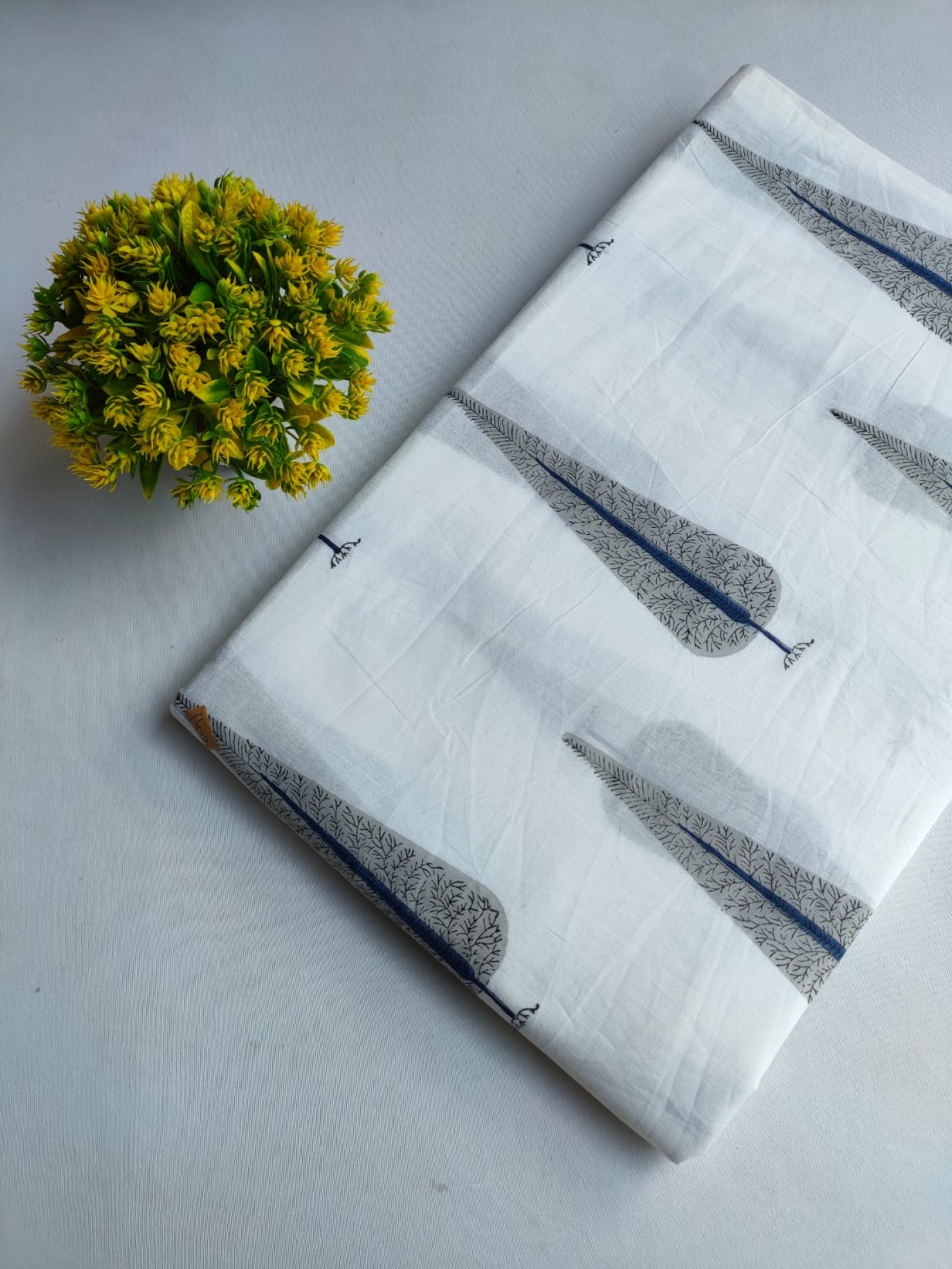 White Tree Motif Jaipuri Hand Block Print Pure Cotton Fabric From Tulsi Prints