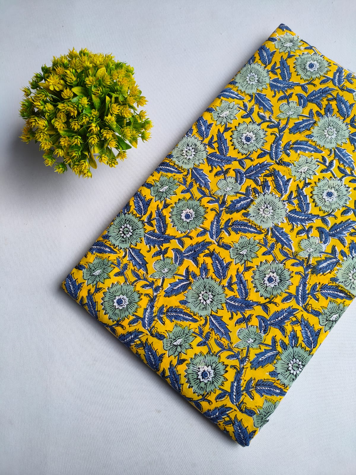 Yellow Floral Vine Jaipuri Block Print Pure Cotton Fabric From Tulsi Prints