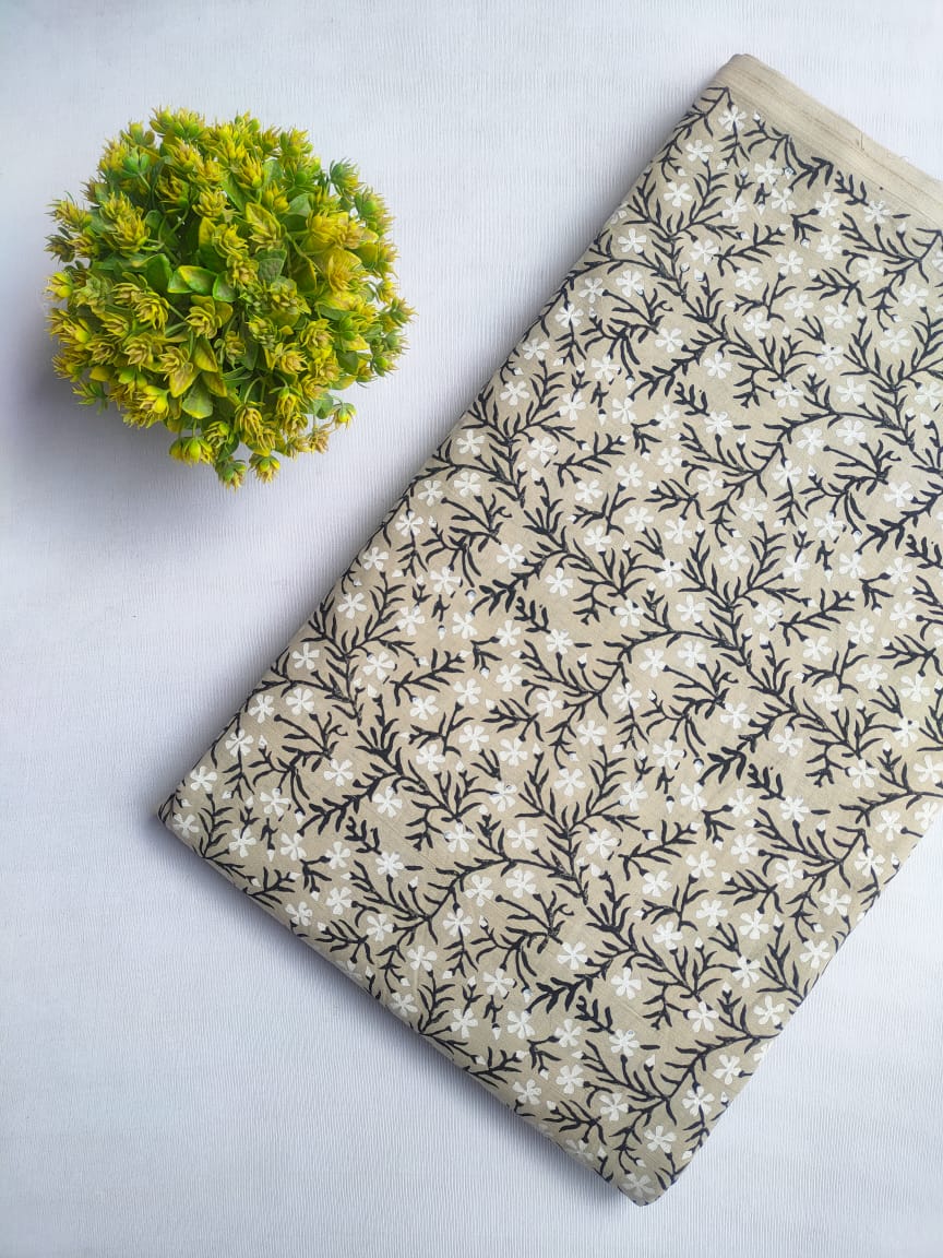Beige Floral Sanganeri Block Print Cotton Fabric From Tulsi Prints