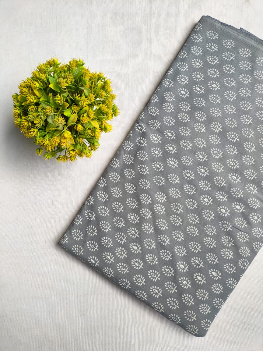 Grey Floral Sanganeri Hand Block Print Cotton Fabric From Tulsi Prints