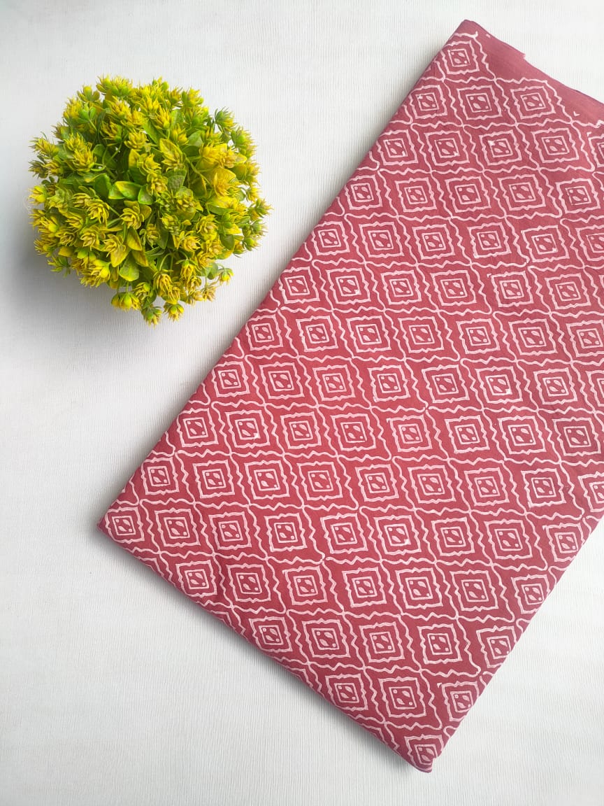 Rose Pink Geometric Jaipuri Block Print Pure Cotton Fabric From Tulsi Prints