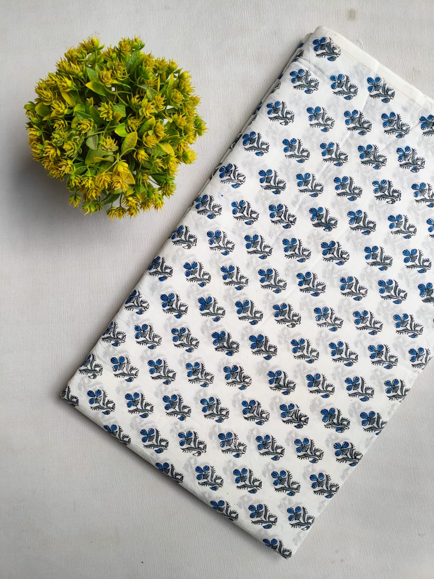 White Blue Floral Sanganeri Hand Block Print Cotton Fabric From Tulsi Prints