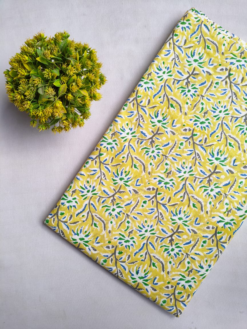 Yellow Floral Sanganeri Block Print Pure Cotton Fabric From Tulsi Prints