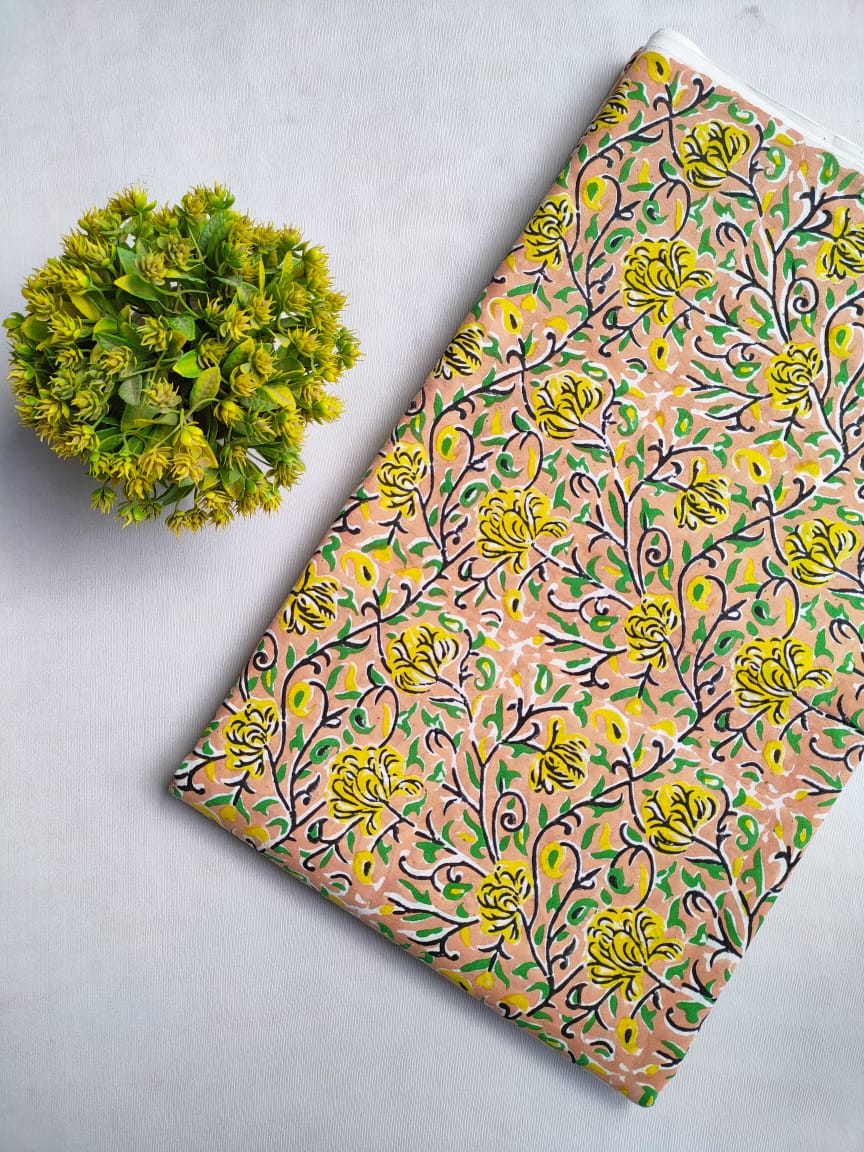 Peach Floral Sanganeri Hand Block Print Cotton Fabric From Tulsi Prints