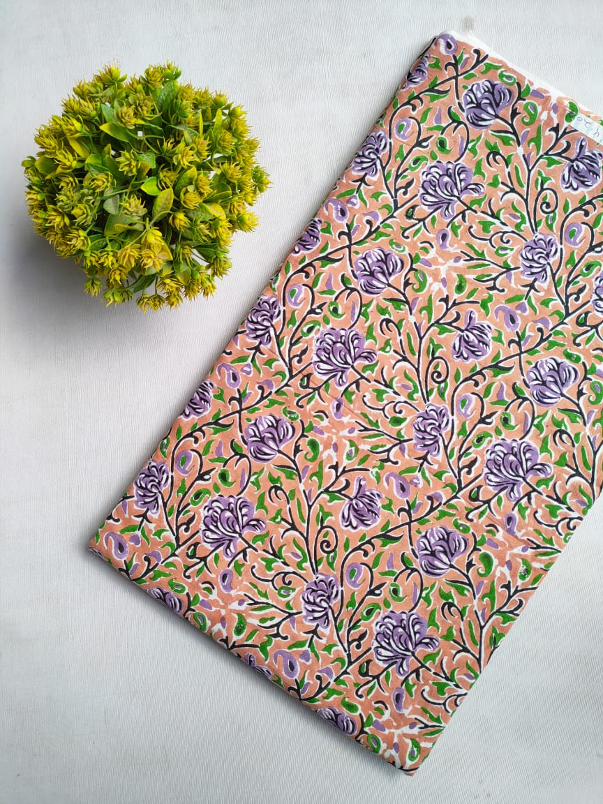 Pink Floral Sanganeri Block Print Cotton Fabric From Tulsi Prints