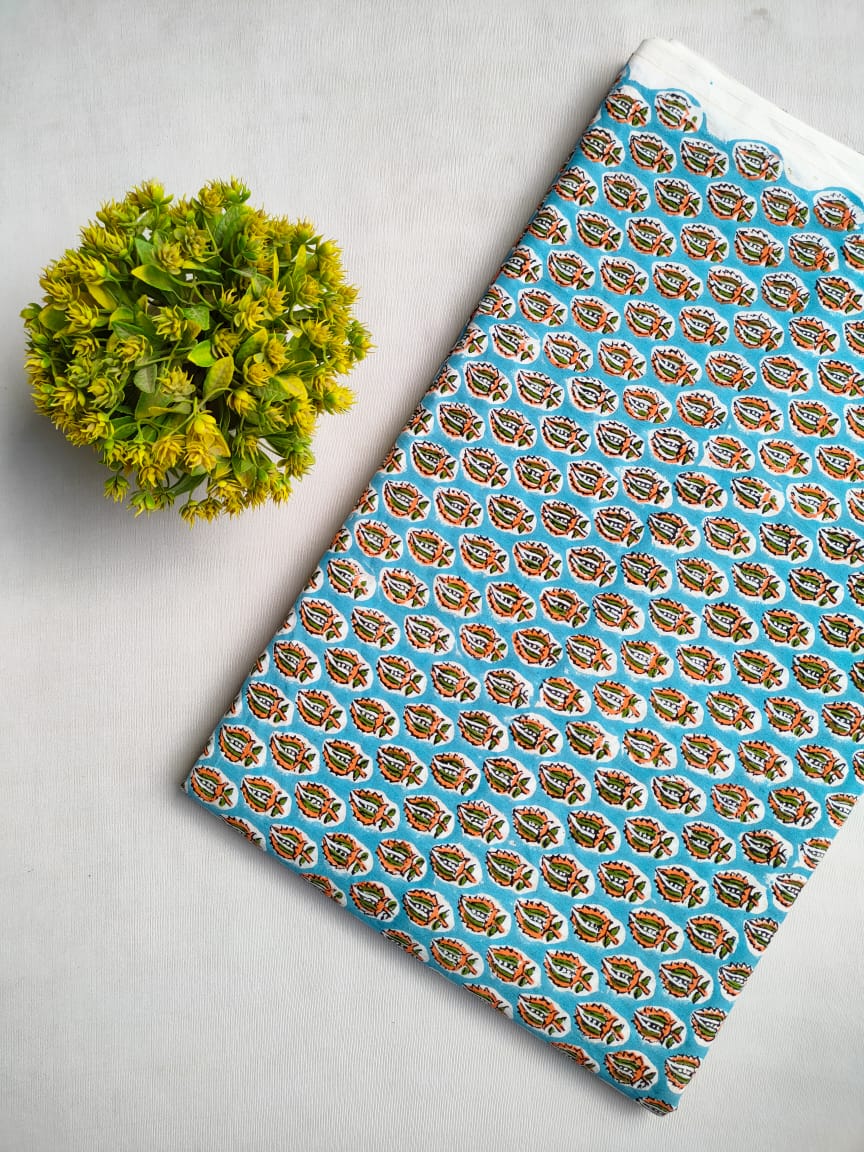 Turquoise Leaf Sanganeri Block Print Pure Cotton Fabric From Tulsi Prints