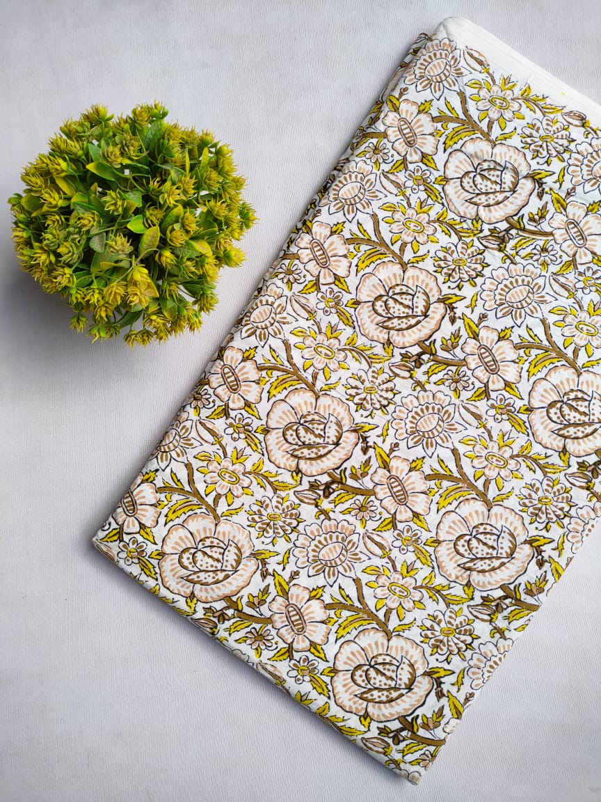 White Floral Sanganeri Hand Block Print Cotton Fabric From Tulsi Prints