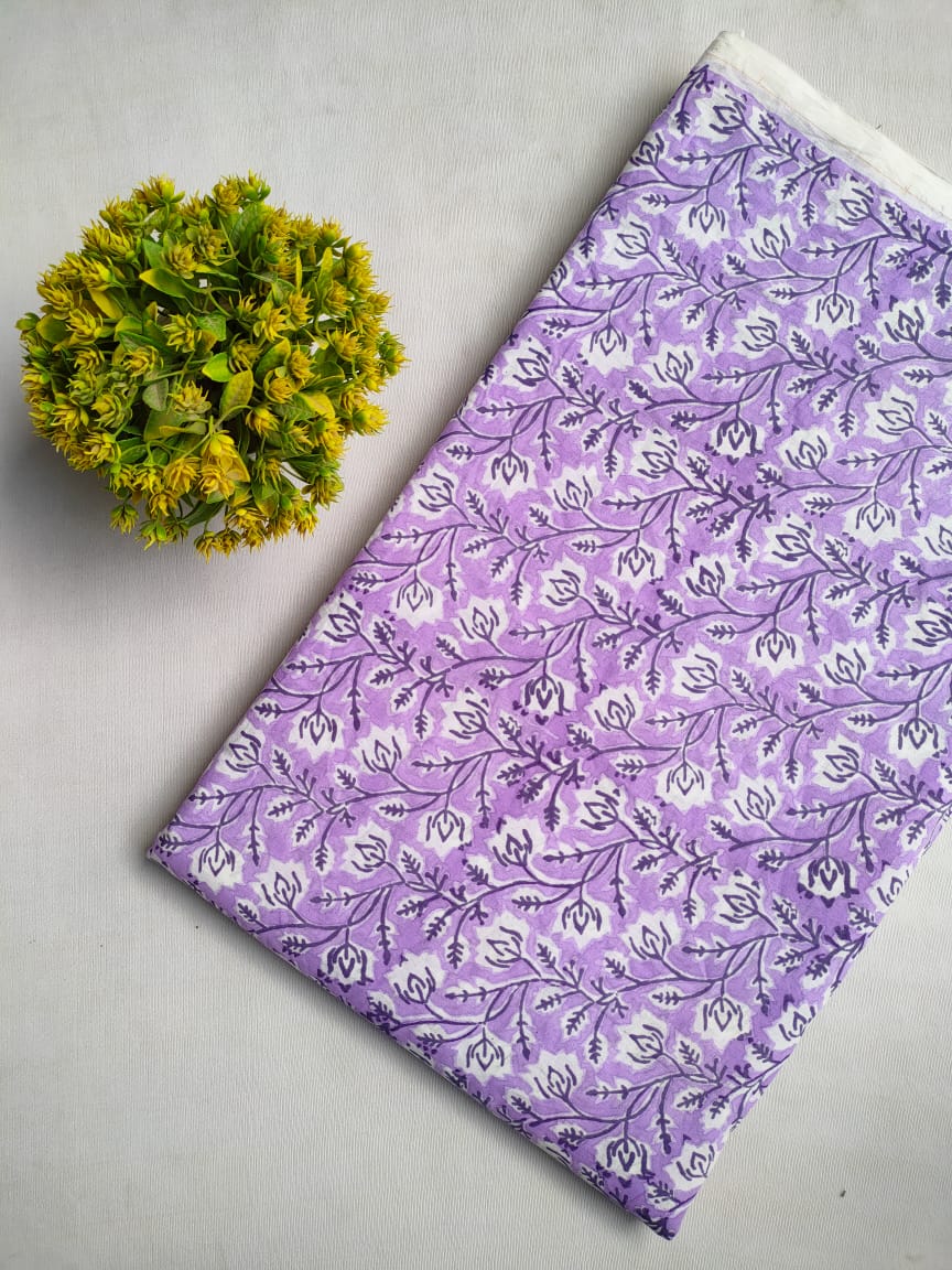 Purple Floral Sanganeri Block Print Pure Cotton Fabric From Tulsi Prints