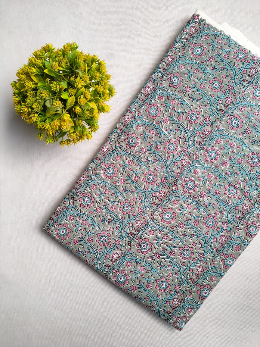 Pink Floral Sanganeri Block Print Pure Cotton Fabric From Tulsi Prints