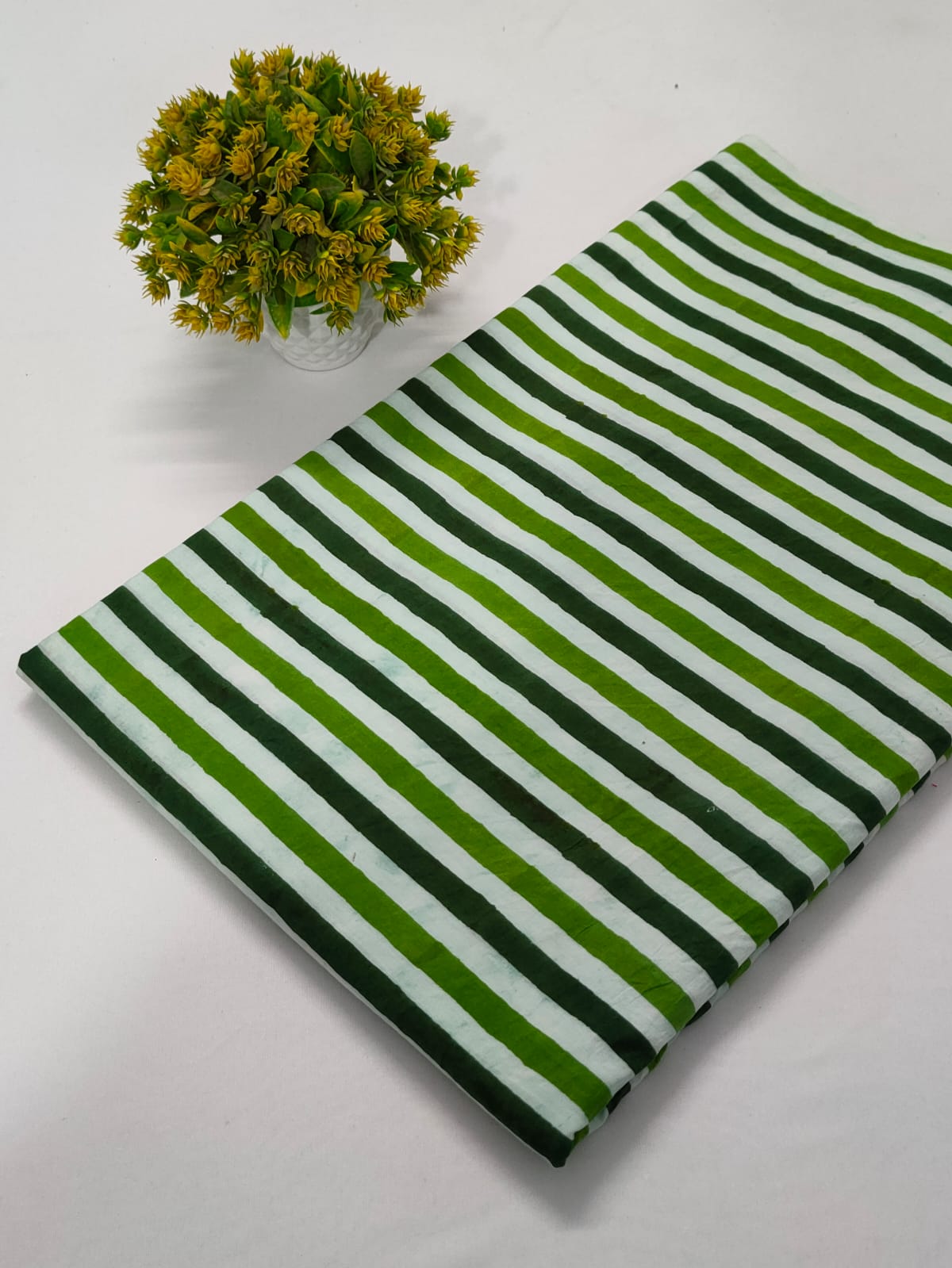 Green Striped Jaipuri Block Print Pure Cotton Fabric From Tulsi Prints
