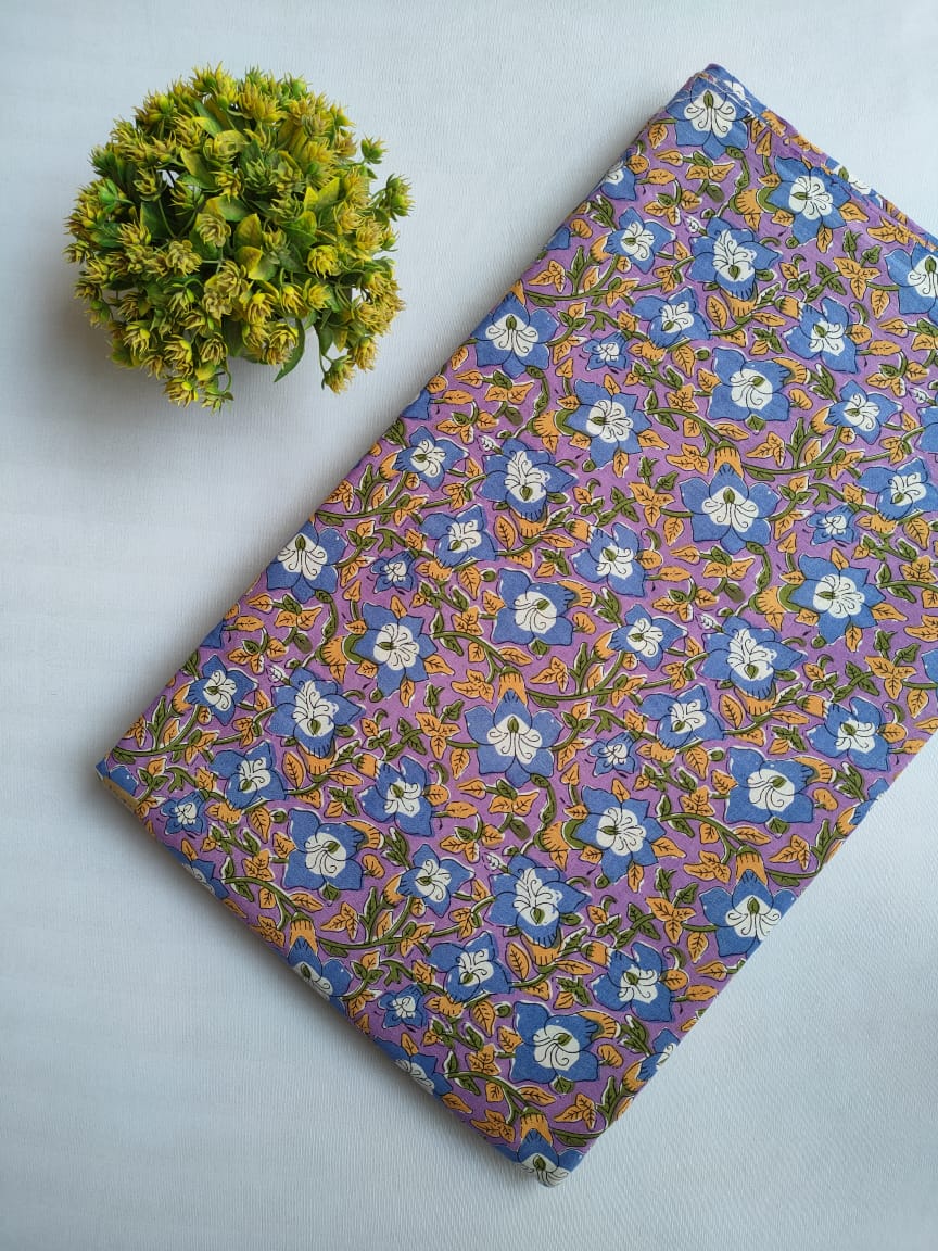 Purple Floral Sanganeri Hand Block Print Pure Cotton Fabric