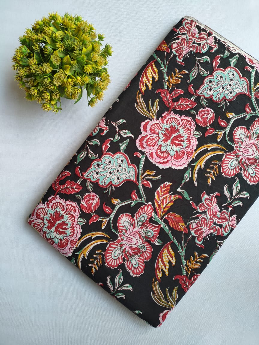 Black Floral Sanganeri Block Print Pure Cotton Fabric