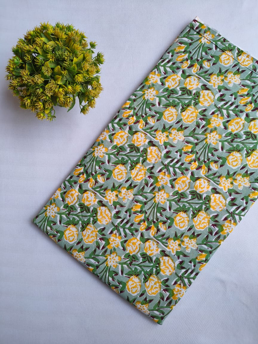 Green Floral Sanganeri Block Print Pure Cotton Fabric