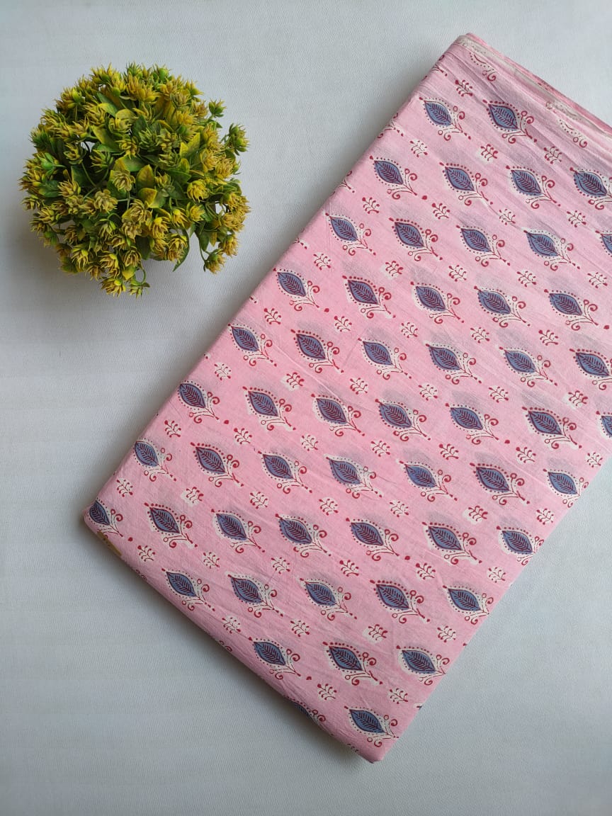 Pink Paisley Sanganeri Block Print Pure Cotton Fabric