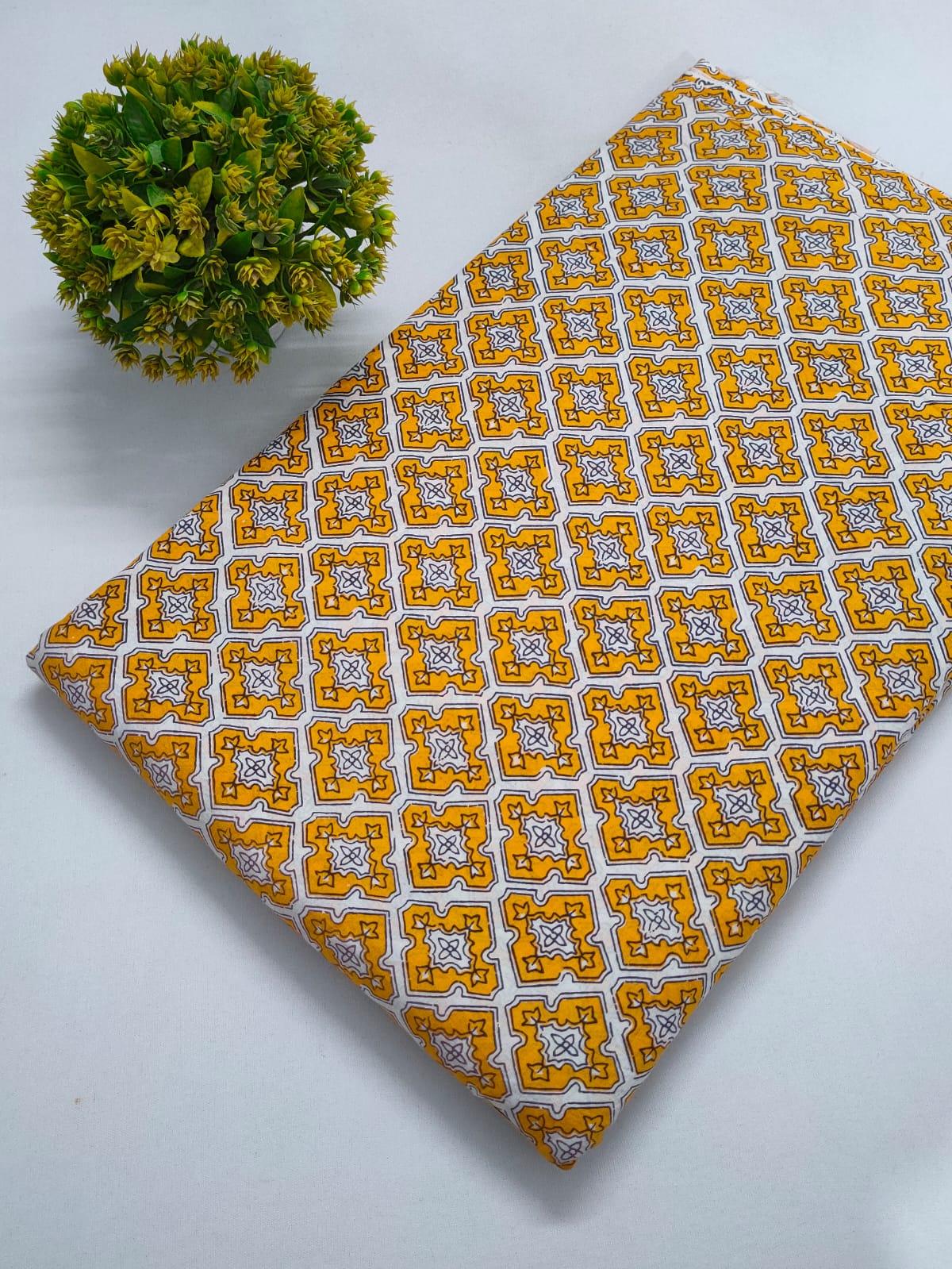 Yellow Geometric Sanganeri Block Print Pure Cotton Fabric