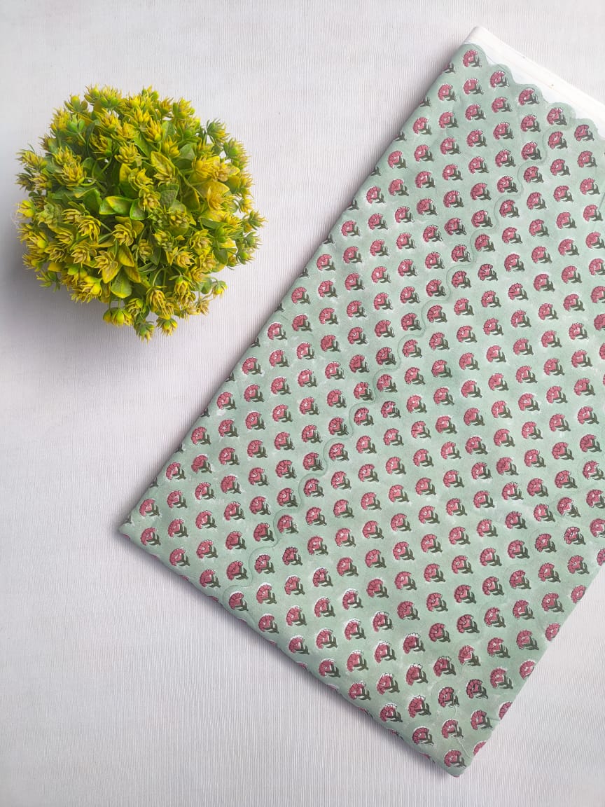 Green Floral Sanganeri Block Print Pure Cotton Fabric From Tulsi Prints