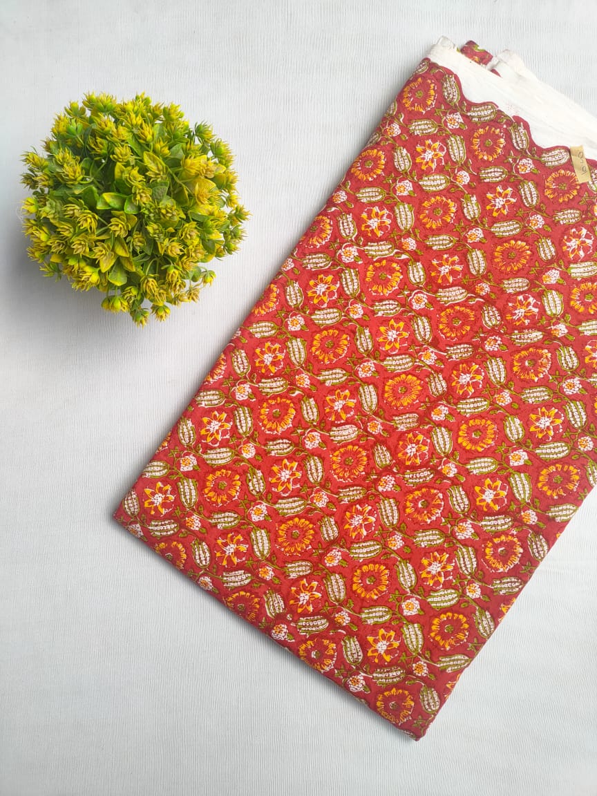 Red Floral Sanganeri Hand Block Print Cotton Fabric From Tulsi Prints