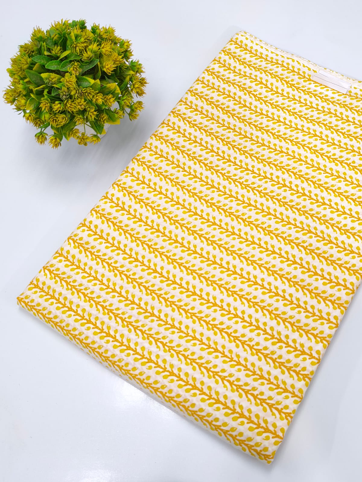 Yellow Leaf Vine Sanganeri Block Print Pure Cotton Fabric From Tulsi Prints