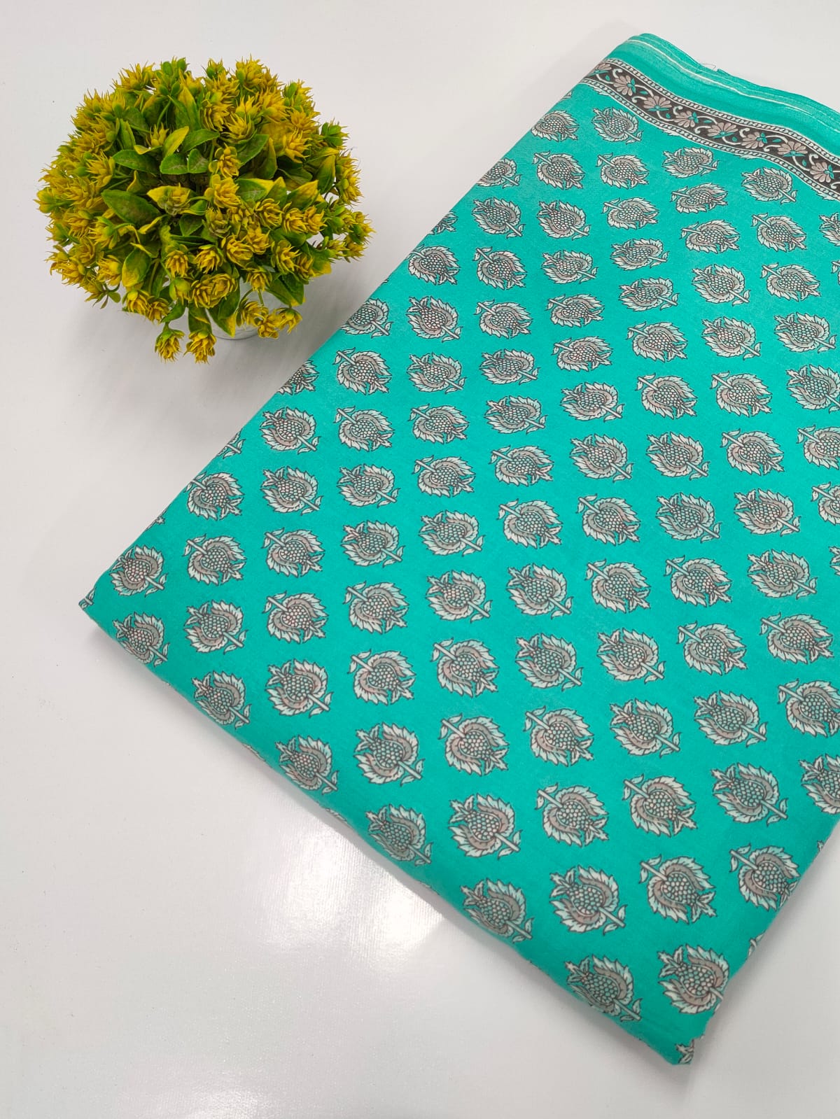 Turquoise Green Floral Buti Sanganeri Block Print Pure Cotton Fabric From Tulsi Prints
