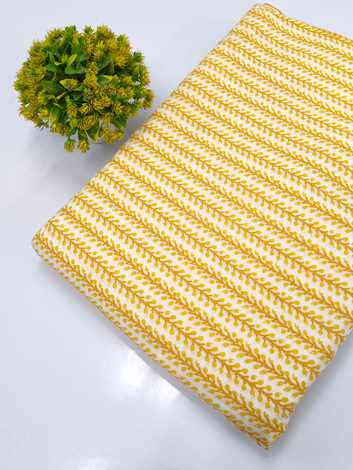 Yellow Leaf Vine Sanganeri Hand Block Print Pure Cotton Fabric From Tulsi Prints