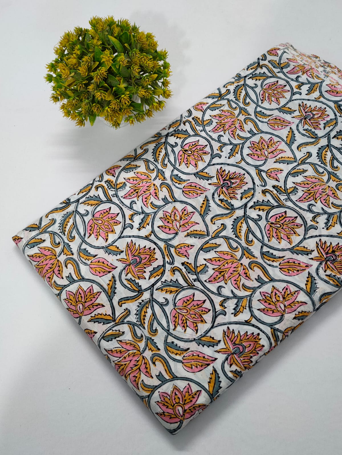White Floral Sanganeri Block Print Pure Cotton Fabric From Tulsi Prints