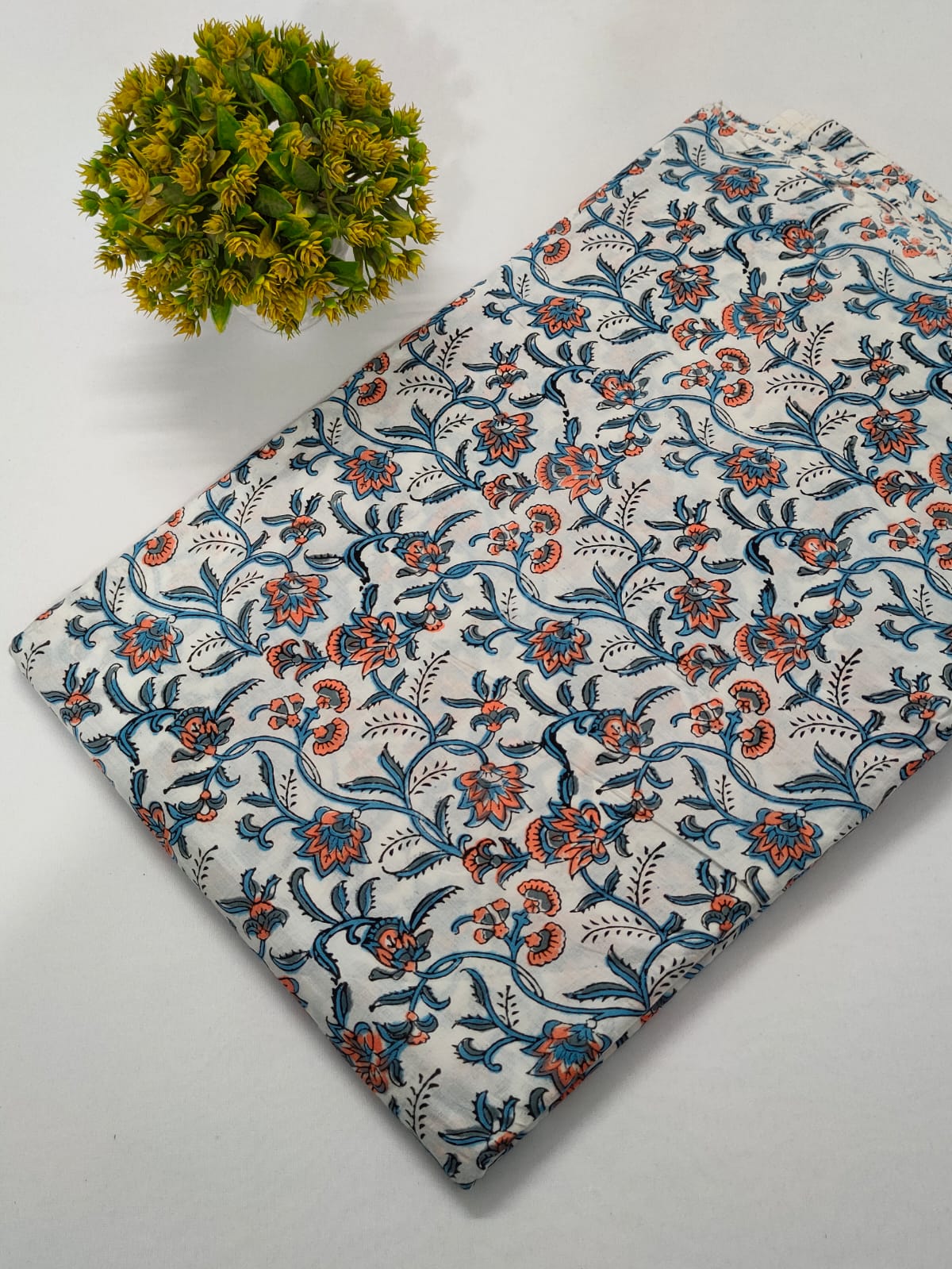 White Floral Sanganeri Hand Block Print Pure Cotton Fabric From Tulsi Prints