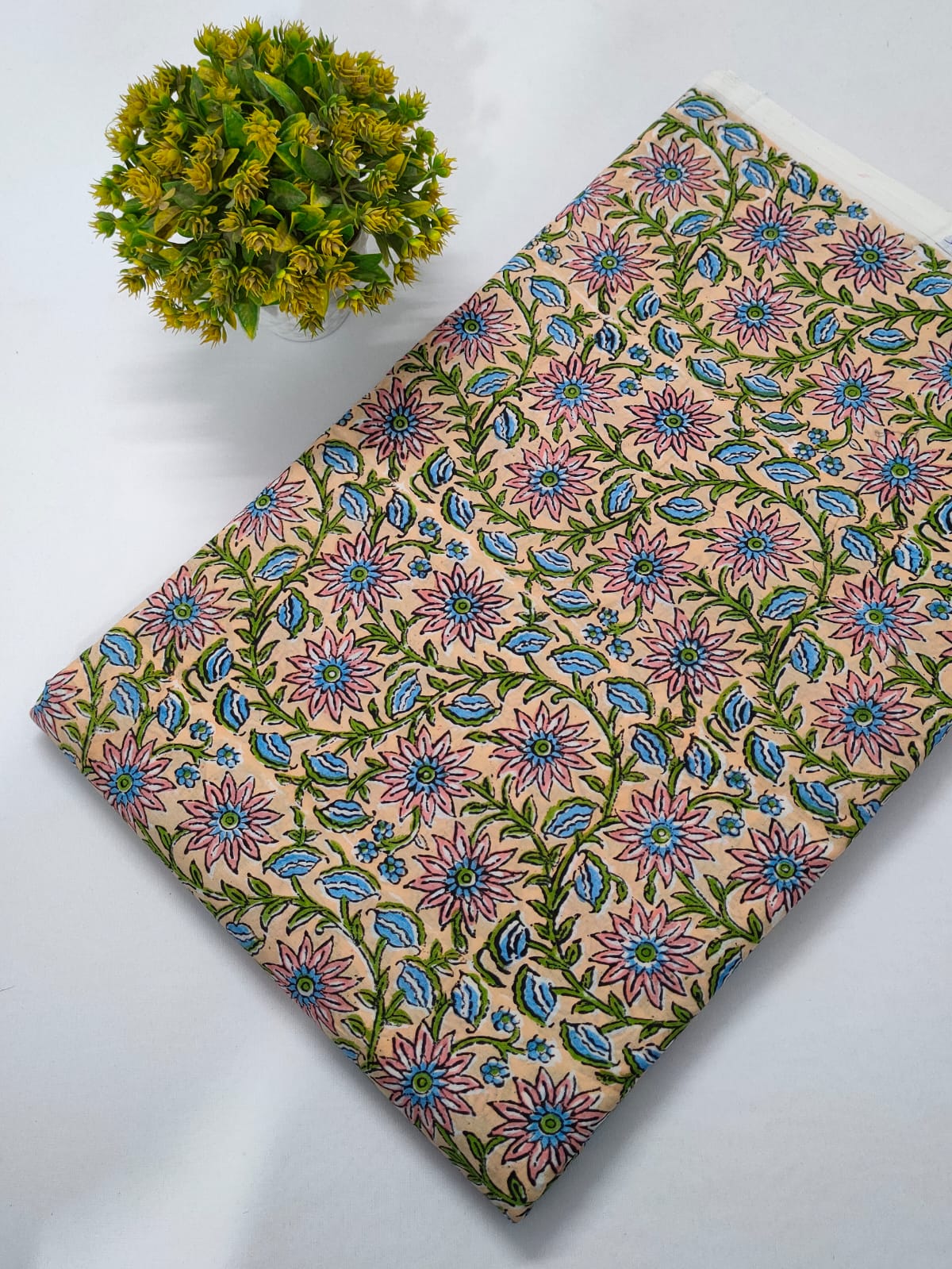 Peach Floral Vine Sanganeri Hand Block Print Cotton Fabric From Tulsi Prints