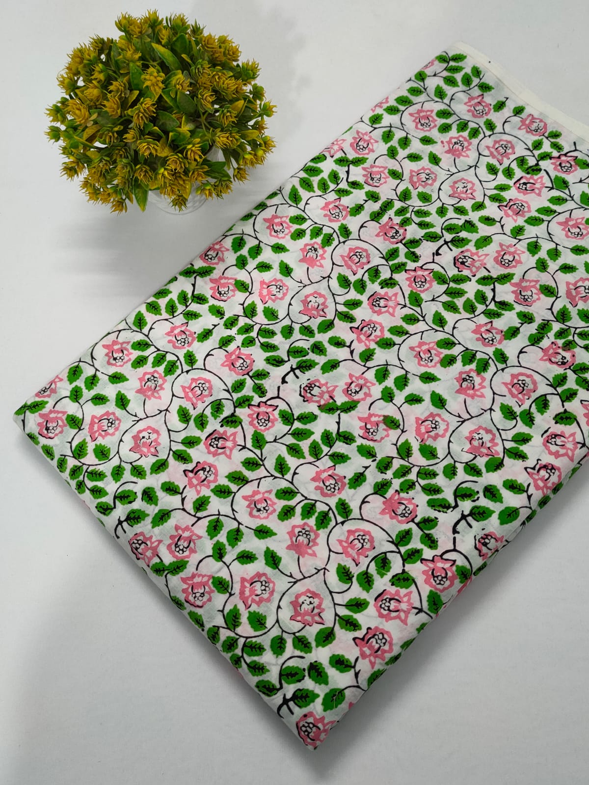 White Floral Sanganeri Hand Block Print Cotton Fabric From Tulsi Prints
